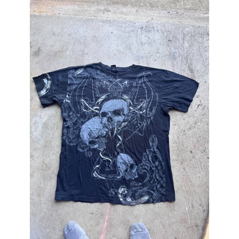Affliction Mens Black Skull Graphic T-Shirt 2X Short Sleeve Goth Streetwear